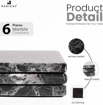 Radicaln Marble Coasters Square 3.5" Inches Black Handmade Coasters for Drinks, Marble Drink Coaster for Home Bar, Ideal Coaster Set of 6