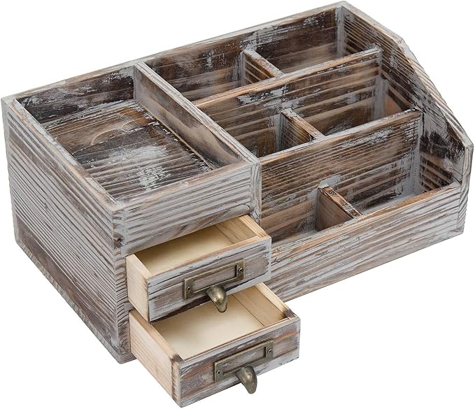 Liry Products Rustic Torched Wooden Desktop Organizer Dark Brown Tabletop Storage Cabinet Stepped Rack Multiple Compartments 2 Tier Drawers Makeup Accessory Sorter Display Box Home Office Supplies