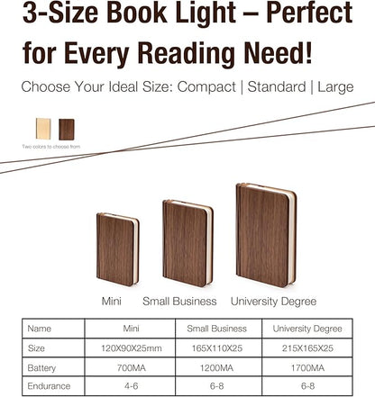 5.7 Inch Wooden Book Lamp - Portable Folding LED Book Light for Reading, Home & Library Decor, Unique Gift for Book Lovers, Magnetic Night Light (Walnut)