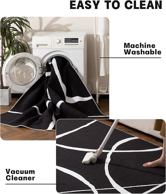 YIHOUSE Modern Washable Area Rug for Living Room Bedroom - Large Abstract Black and White Rug Non-Slip Ultra-Thin Home Decor (Dark Curve, 6'x9'ft)