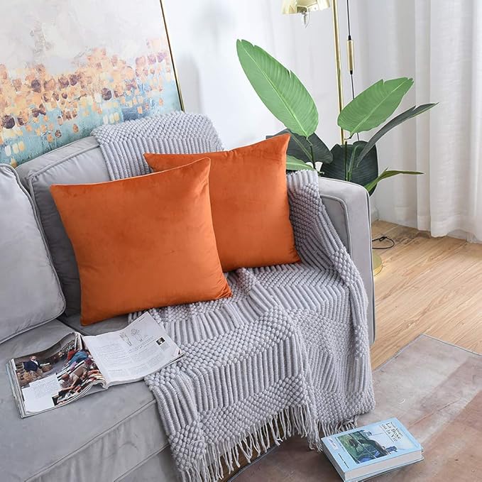 Set of 2 Comfortable Velvet Throw Pillow Cases Decorative Solid Cushion Covers for Sofa Couch and Bed - 20"x20", Bold Orange