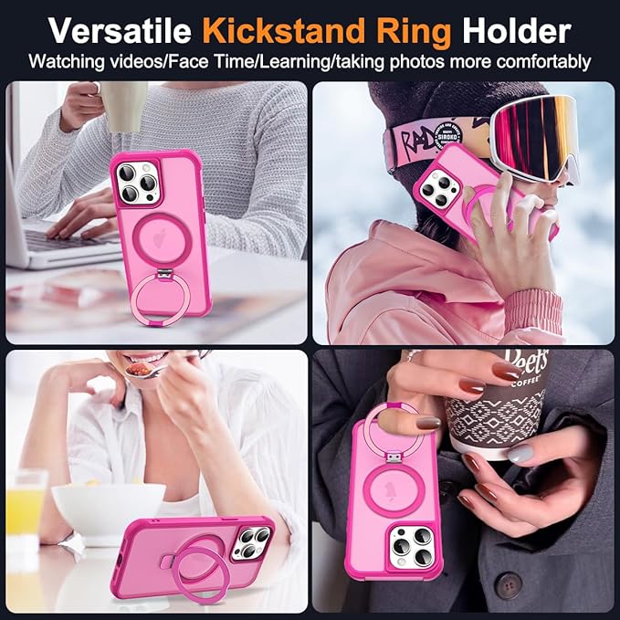Compatible with iPhone 14 Pro Max Case with Invisible Magnetic O-Ring Stand Military-Grade Translucent Case for iPhone 14 ProMax 6.7" [Compatible with Mag-Safe][Great Grip Feeling], Rose