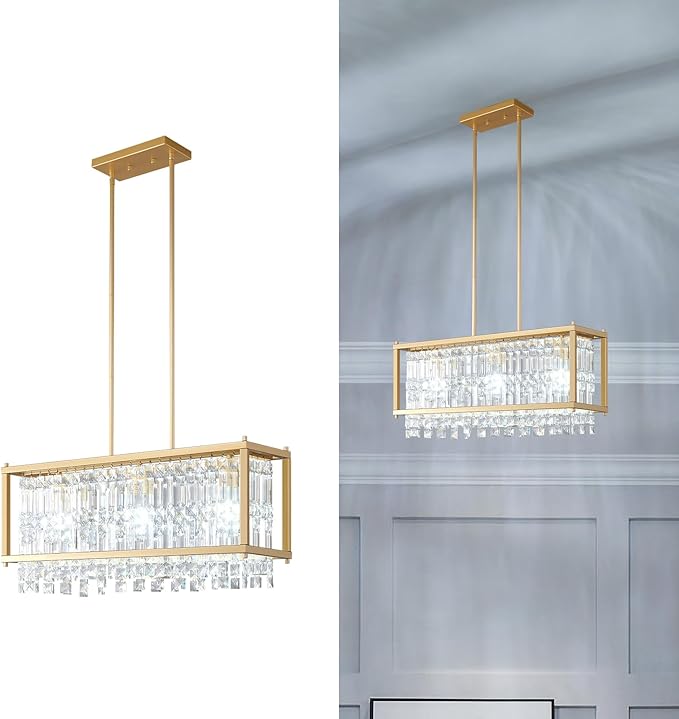 LMQNINE Modern Rectangle Chandelier for Dining Room, Gold Crystal Chandelier Linear Light Fixture, Farmhouse Chandeliers for Kitchen Island, Bar Table, L25.98'' x W9.84'' x H8.66''