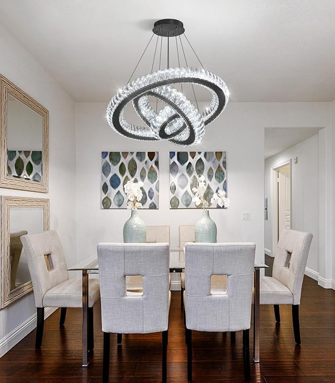 3 Rings LED Chandelier Modern Dimmable Dining Room Chanderliers Entryway Crystal Pendant Lights for Kitchen Bedroom Living Room Black Light