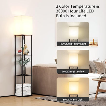 SUNMORY Floor Lamp with Shelves, Modern Square Standing Lamp with 3 Color Temperature Bulb, Corner Display Bookshelf Lamp for Living Room and Bedroom(Black)