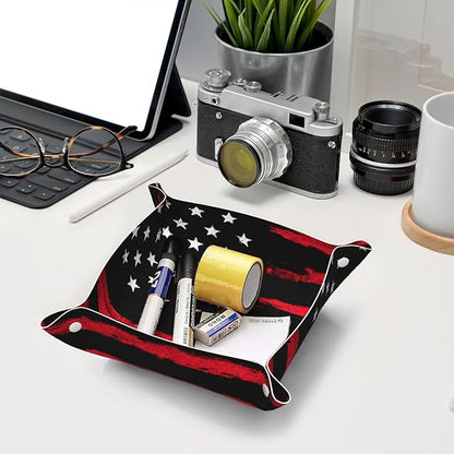Valet Tray for Men Husband Boyfriend Boys – Catchall Bedside Vanity Tray, Nightstand Caddy Leather Holder for Keys, Phone, Wallet, Coins, Trinkets & Jewelry Black Red American Flag 015