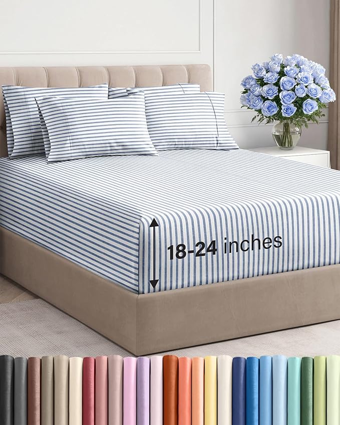 Extra Deep King Sheet Set - 6 Piece Breathable and Cooling Sheets - Hotel Luxury Bed Sheets Set - Easy Fit - Soft, Wrinkle Free and Comfy Sheets Set - Blue Striped Sheet Set with Extra Deep Pockets