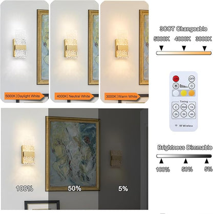 Modern Brushed Gold Battery Operated Wall Sconces Set of 2 - Rechargeable Brass LED Wall Sconce Lighting with Acrylic Shade, Wireless Bedroom/Living Room Art Deco Light Fixtures