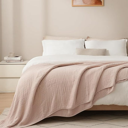 PHF Cooling Muslin Blanket Queen Size 90"x80", 6-Layer Lightweight Gauze Blanket Made from 35% Rayon Derived from Bamboo & 65% Cotton, Breathable & Ultra Soft Cozy for Hot Sleepers, Cameo Rose