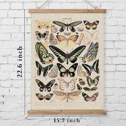 Vintage Butterflies Hanging Poster, Retro Style of Wall Art Prints, Printed on Linen with Wood Frames, Ready to Hang