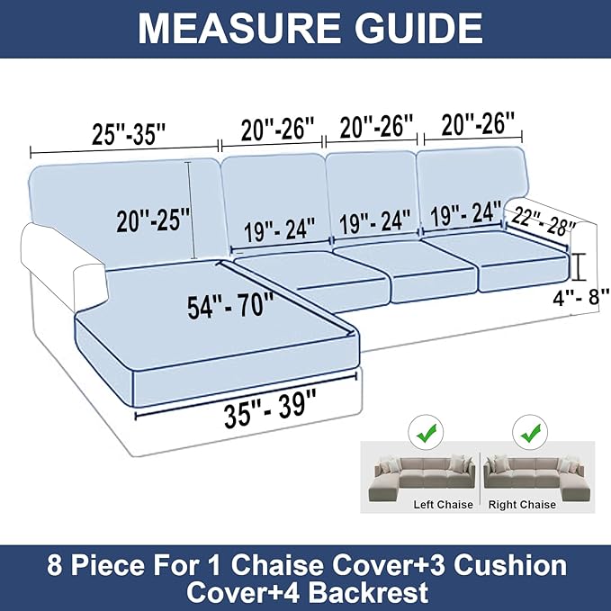 NAISI Sectional Couch Covers 8 Pieces Velvet Couch Cushion Covers L Shape Soft Stretch Sofa Slipcovers with 2pcs Pillowcases for Left/Right Chaise Sectional Couch(3 Seater+1 Chaise+4 Back,Navy)