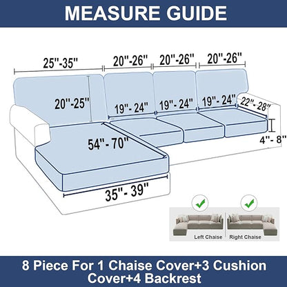 NAISI Sectional Couch Covers 8 Pieces Velvet Couch Cushion Covers L Shape Soft Stretch Sofa Slipcovers with 2pcs Pillowcases for Left/Right Chaise Sectional Couch(3 Seater+1 Chaise+4 Back,Navy)