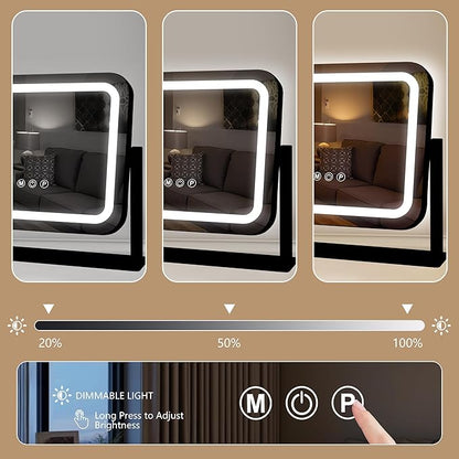 Black Vanity Mirror with Lights 14"×12", Led Makeup Mirror, Lighted Makeup Mirror with 3 Color Dimmable Lights, Smart Touch Screen Control, 360°Rotation