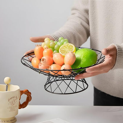 Large Metal Wire Fruit Bowl, Round Mesh Fruit Basket for Kitchen Countertop, Modern Decorative Bread Vegetable Storage Holder Organizer(Black)