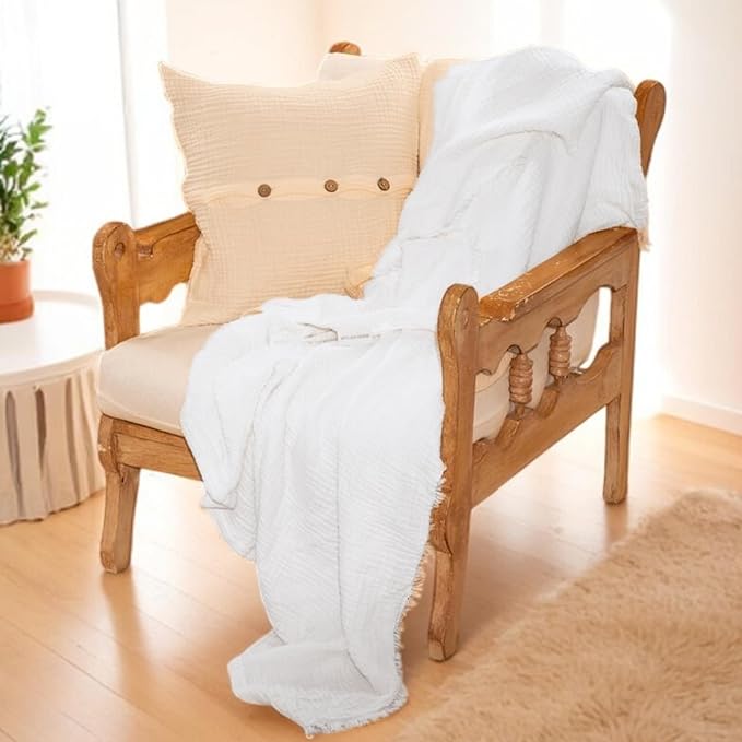 Muslin Blanket - Pure 100% Turkish Cotton Airy Soft Light Versatile Gauze Throw Blanket for Bed, Couch, Sofa (White, Throw Size (50" x 66" inch))