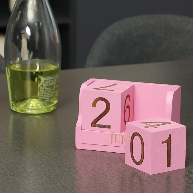 Wooden Desk Calendar,Desk Calendar Blocks for Teachers,Office Perpetual Date Block Small Home Desktop Decor Chic Vintage Month with Number Cubes Display Rustic Decoration (Sakura Pink)