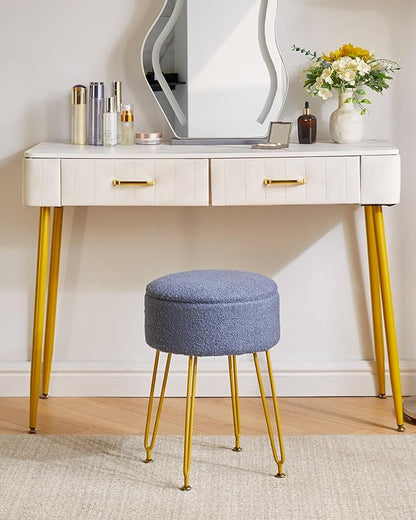 IBUYKE Teddy Velvet Storage Footrest Stool Ottoman, Makeup Vanity Stool Side Table with Removable Cover, Golden Steel Legs, Coffee Table Top Cover, Gray Blue WBD010BU