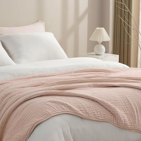 PHF Cooling Muslin Blanket Twin Size 60"x80", 6-Layer Lightweight Gauze Blanket Made from 35% Rayon Derived from Bamboo & 65% Cotton, Breathable & Ultra Soft Cozy for Hot Sleepers, Cameo Rose