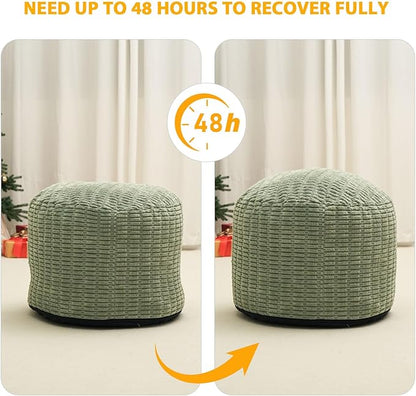 Round Stuffed Pouf Ottoman for Foot Rest, Storage Ottoman Pouf Foot Stool Cushion, Faux Fur Poufs with Foam Chunk Filling, 26 X 18 Inch Floor Chair for Living Room Bedroom Home Decor, Green