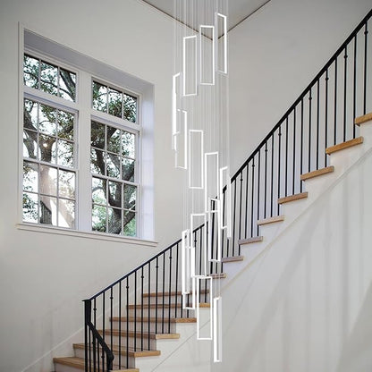 Modern Adjustable Height Pendant Light Fixture White 288W LED Pendant Lights 16 Rings Rectangular Chandelier Staircase Large Chandelier Lobby Living Room Foyer High Ceiling Chandeliers
