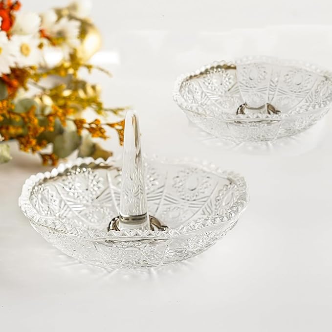 Set of 2 Crystal Ring Holder Dish for Women Clear Glass Jewelry Dish Tray for Rings Earrings Necklace Organizer Elegant Engagement, Anniversary, Christmas Gifts
