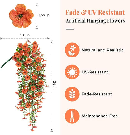 2PCS Artificial Hanging Fall Flowers for Outdoors Decorations, Orange Realistic Faux Silk Daisy with Eucalyptus, UV Resistant Fake Mums for Autumn Home Decor Patio Porch Window Box Front Door