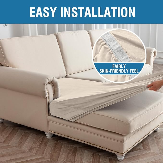 Couch Cover 4-Piece Elastic Velvet Couch Cushion Covers & Chaise Slipcovers for L-Shaped Sofas - Sofa Seat Covers Washable, Soft Protector for Couches (3 Seater + Chaise, Ivory)