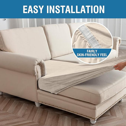Couch Cover 4-Piece Elastic Velvet Couch Cushion Covers & Chaise Slipcovers for L-Shaped Sofas - Sofa Seat Covers Washable, Soft Protector for Couches (3 Seater + Chaise, Ivory)