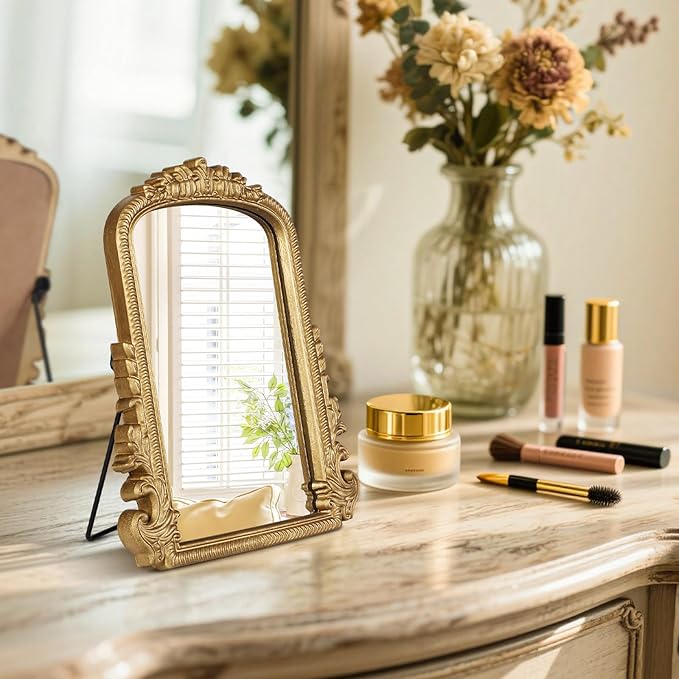 Vintage Vanity Mirror with Stand – 11.8"x9.6" Gold Tabletop Makeup Mirror, Arched Decorative Mirror with Carved Engineered Wood Frame for Bedroom, Dresser, Bathroom or Desk