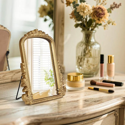 Vintage Vanity Mirror with Stand – 11.8"x9.6" Gold Tabletop Makeup Mirror, Arched Decorative Mirror with Carved Engineered Wood Frame for Bedroom, Dresser, Bathroom or Desk