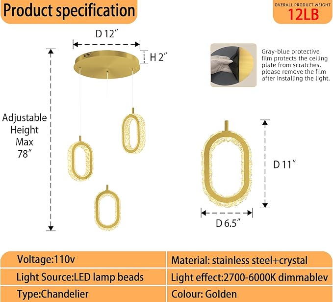 Dimmable Oval Ring Pendant Light Modern LED Crystal Ring Chandelier for Dining Room Bedroom Living Room Pendant Lights for Kitchen Island Adjustable 3-Light Gold