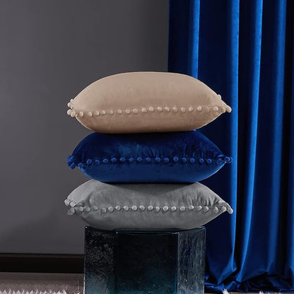 Deconovo Velvet Throw Pillow Covers, Set of 2, 20” x 20” Light Khaki, Square Pom-poms Soft with Invisible Zipper Cover for Sofa Couch Car