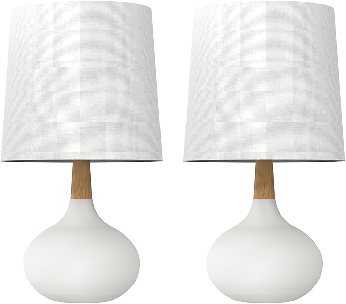 14" Ceramic Table Lamp Set of 2 with Natural Wood Stem & Linen Shade for Bedroom Decor,Modern Farmhouse Small Bedside Lamp for Nightstand, Living Room & Office (White)