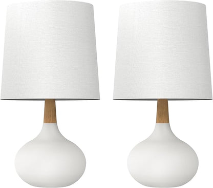 14" Ceramic Table Lamp Set of 2 with Natural Wood Stem & Linen Shade for Bedroom Decor,Modern Farmhouse Small Bedside Lamp for Nightstand, Living Room & Office (White)
