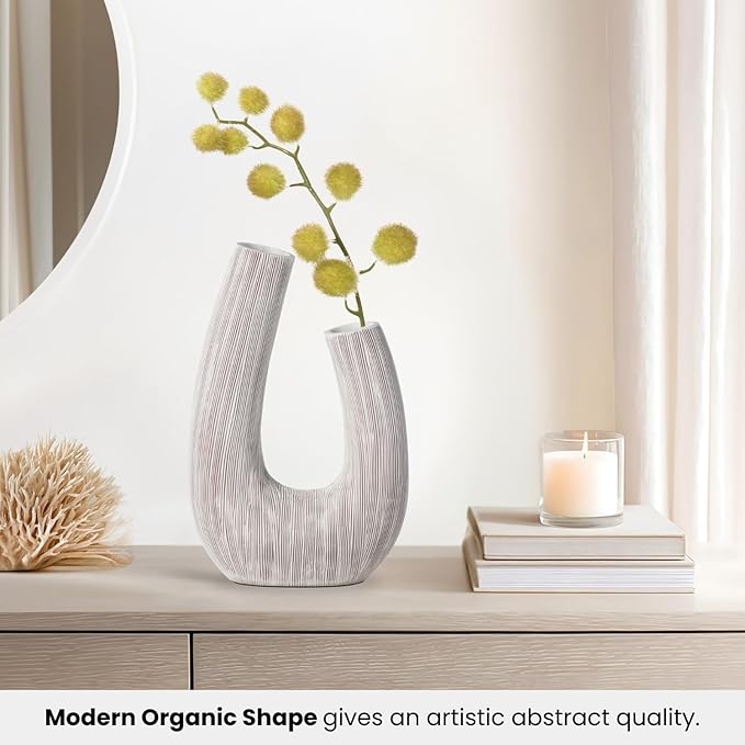 Torre & Tagus White U Shaped Vase for Flowers - 12 Inch Tall Textured Vases for Centerpieces with 2 Openings, Sculptures Home Decor & Abstract Sculptures Home Decor for Shelf Decor Aesthetic (Alma)