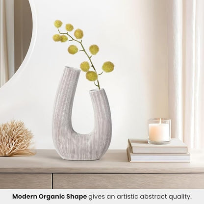 Torre & Tagus White U Shaped Vase for Flowers - 12 Inch Tall Textured Vases for Centerpieces with 2 Openings, Sculptures Home Decor & Abstract Sculptures Home Decor for Shelf Decor Aesthetic (Alma)