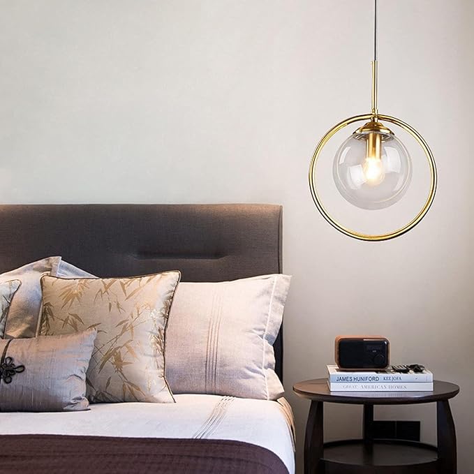 Pendant Light Modern Minimalist Hanging Lamp with Spherical Glass Shade and Brass Metal Ring Adjustable Height for Dining Room Bedroom Living Room (Clear)