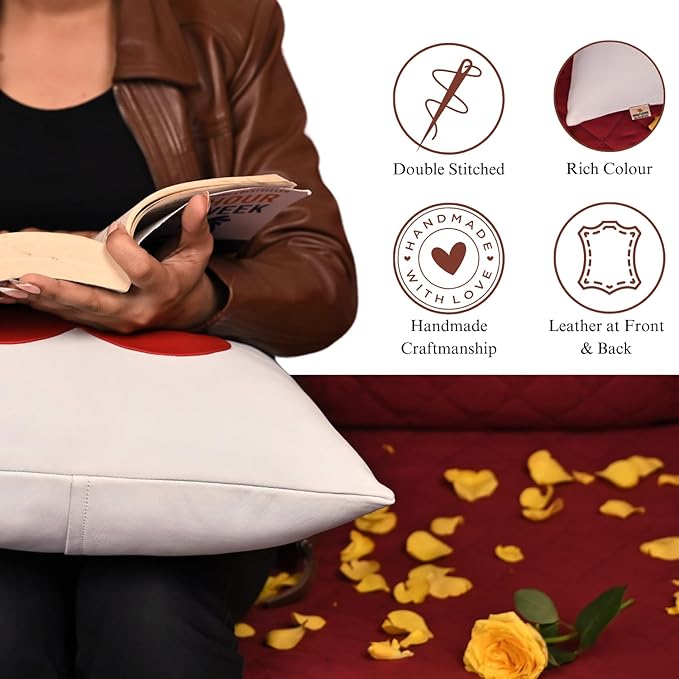 Genuine Lambskin Leather Pillow Cover, 14x14 Inch Case for Lumbar Throw Couch Pillows, Thick & Soft Cushion Covers for Sofa Bed Home Décor (Red Heart & White Plain Pack of 1)