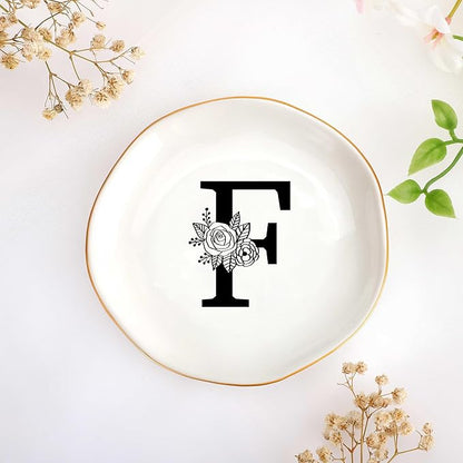 JoycuFF Initial F Ceramic Jewelry Tray, Bridesmaid Bride Gifts, Mothers Day Christmas Anniversary Engagement Birthday Gifts for Women Couples, Trinket Dish for Rings Earrings Necklaces Bracelets Keys