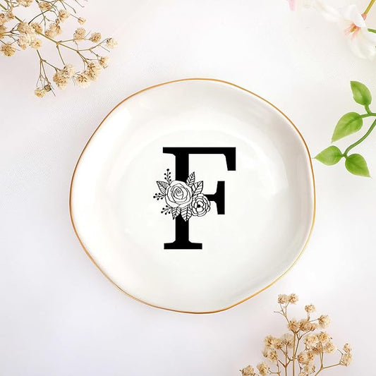 JoycuFF Initial F Ceramic Jewelry Tray, Bridesmaid Bride Gifts, Mothers Day Christmas Anniversary Engagement Birthday Gifts for Women Couples, Trinket Dish for Rings Earrings Necklaces Bracelets Keys