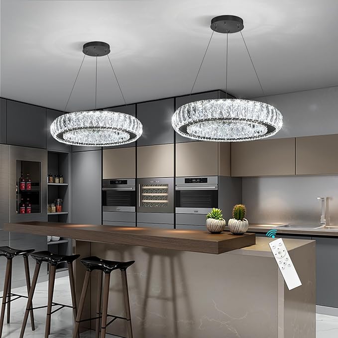 Modern Chandelier Crystal LED Dimmable Ring Pendant Lights Adjustable Hanging Lighting Chandeliers Fixtures for Dining Room Bedroom Kitchen Island Table Black Light