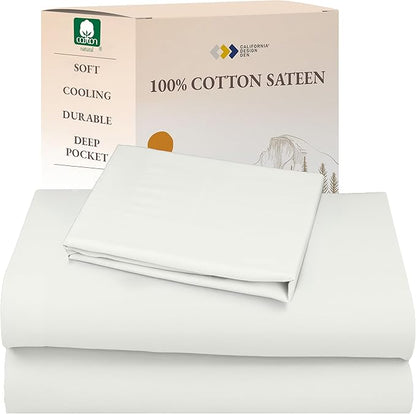 California Design Den Twin XL Bed Sheets Set - Natural 100% Cotton Sheets with Deep Pockets, Soft Sateen Weave, Breathable and Durable Bedding Set for Dorm Rooms, College Ivory (Eggshell)