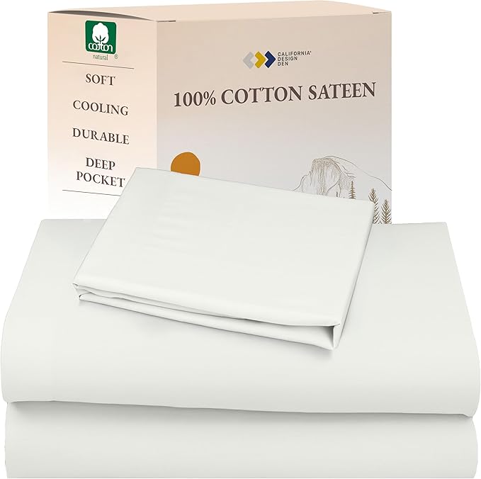 California Design Den Twin Sheet Set - Natural 100% Cotton Sheets with Deep Pockets, Soft Sateen Weave, Breathable and Durable Bedding Set for Dorm Rooms, College Ivory (Eggshell)