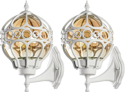 Globe Outdoor Wall Lights for Porch Patio Garage, White Aluminum Outdoor Light Fixtures Wall Mount, Sphere Waterproof Outside Wall Sconces Exterior House Lantern Lighting with Amber Glass, 2 Pack