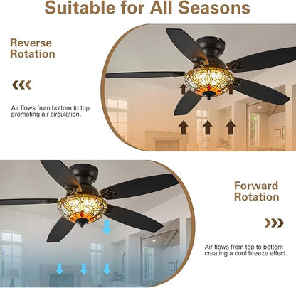 Tiffany Ceiling Fans with Lights - 48" Ceiling Fan Chandelier with 5 Dual-Blades and Glass Shade, 6 Speeds and Reversible, Indoor and Outdoor, Retro Style