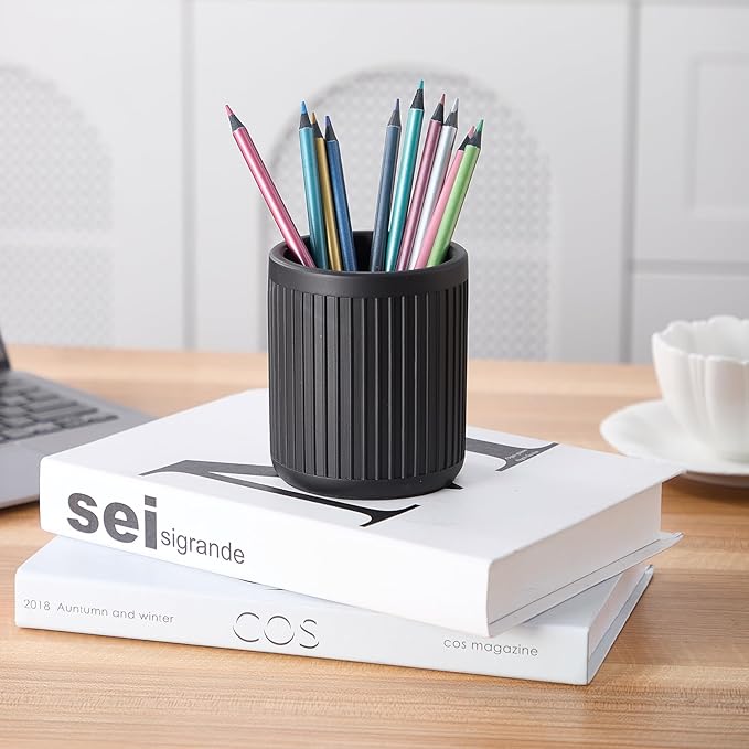Aotea Crafts Concrete Modern Industrial Pen Holder for Desk - Aesthetic Charcoal Black Pencil Holder for Desk- Handcrafted Cement Fluted Pen Cup Organizer - Minimalist & Durable
