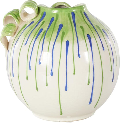 Deco 79 Ceramic Abstract Decorative Vase Centerpiece Vase with Green and Blue Drip Design and Handles, Flower Vase for Home Decoration 8" x 8" x 8", White