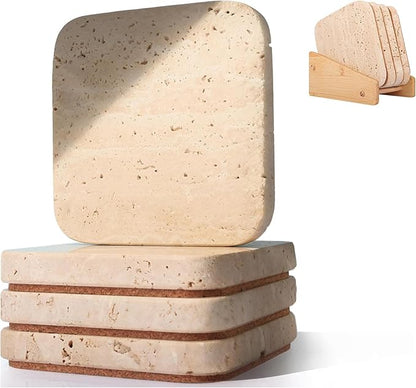 Stone Coasters Set 4PC Natural Travertine, Stone Drink Coaster for Coffee Table Desk,Thick Wood Cork Coaster, Table Cup Mat, Friends houswarming Gift for Furniture, Kitchen, Bar, Wedding