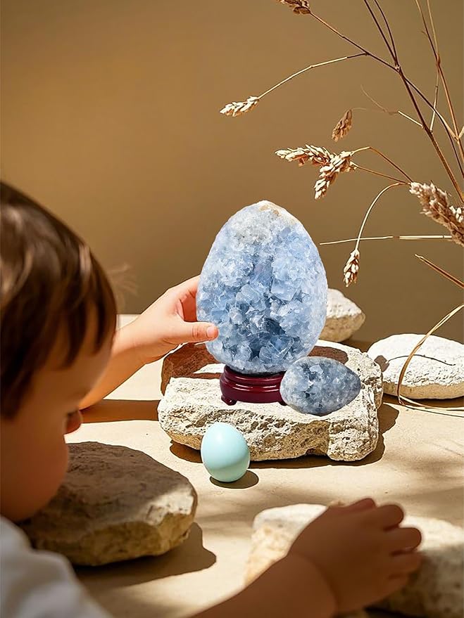 AMOYSTONE Decorative Easter Eggs Small 2" Natural Blue Celestite Egg Shaped Carved for Healing Reiki, Meditation Home Decor Gift