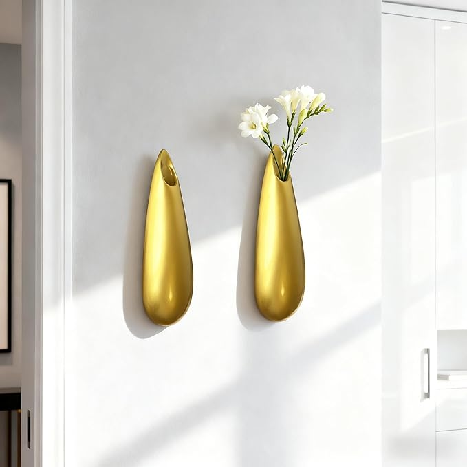 Sculptural Wall Ceramic Vase — 2 Pack Gold Hanging Sconce Vase | Turn Flowers into Art — Decorative Ceramic Wall Sconce for Single Stem Displays